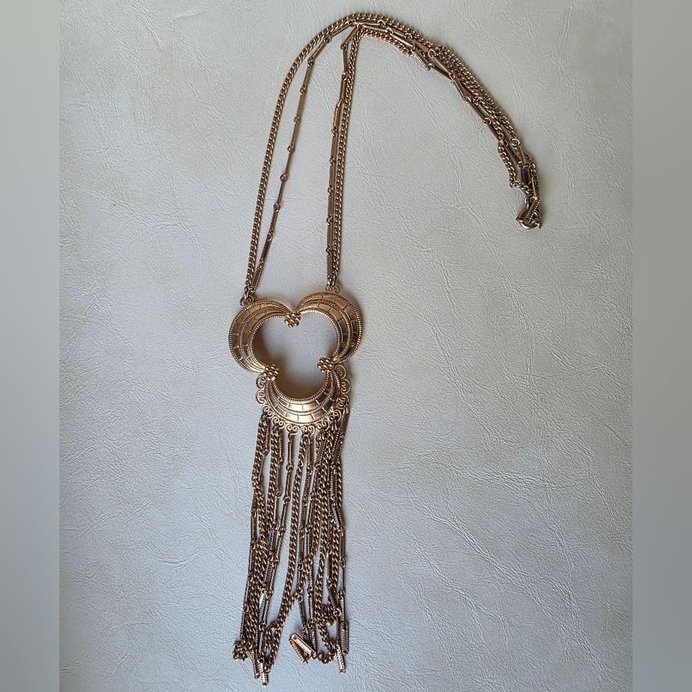 Gold Tone Clover Chandelier Dual Strand Tribal Necklace